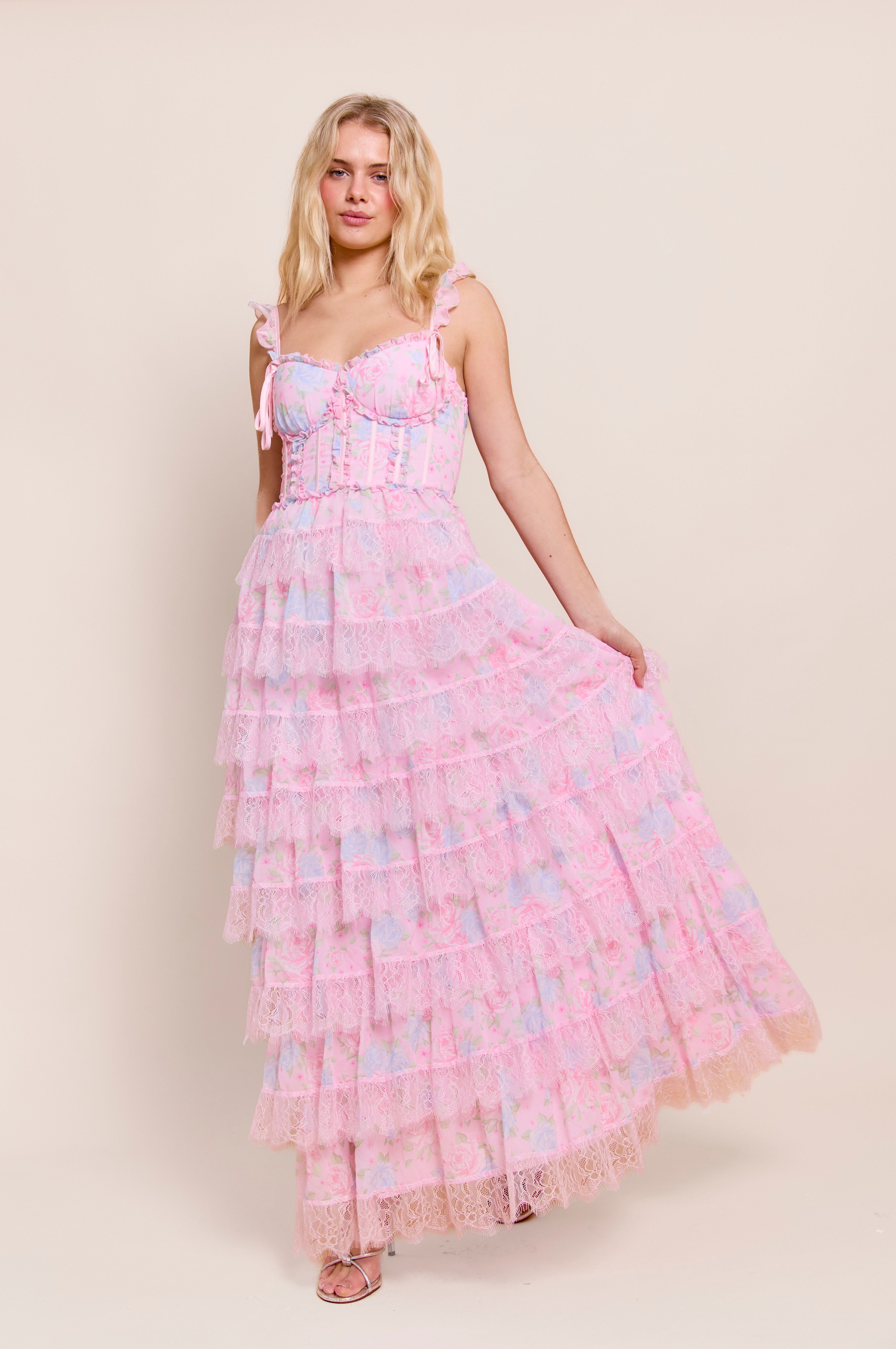 A'GEM/9 x.kom 　Frill Heart Dress Adessa Maxi Dress | Pastel Peony Floral Maxi Dress – Amy Jane London